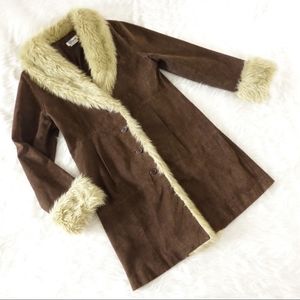 Vintage 70s Brown Suede & Fur Collar Long Coat